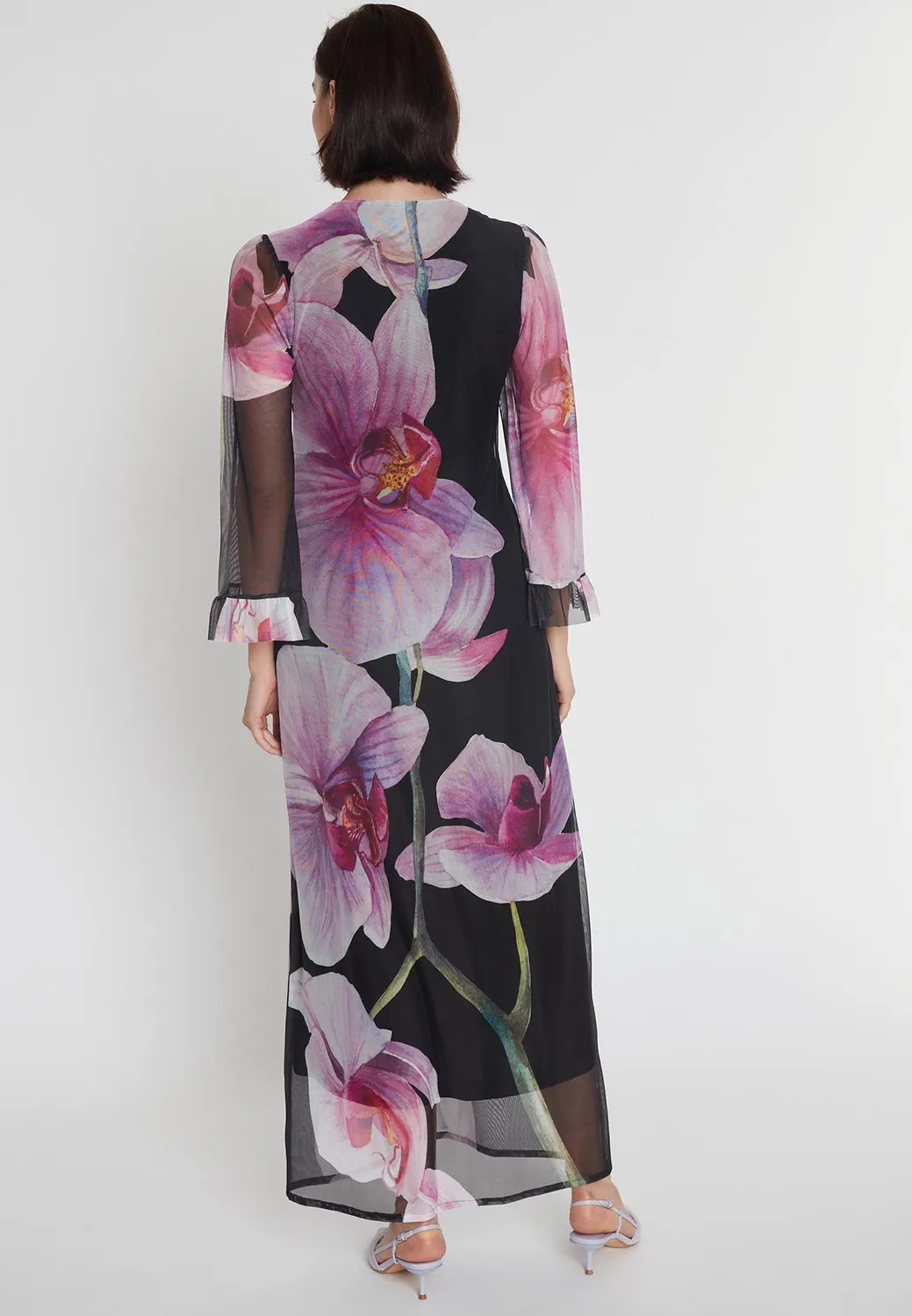 Ana Alcazar Pegasa abito caftano maxi nero stampa orchidea