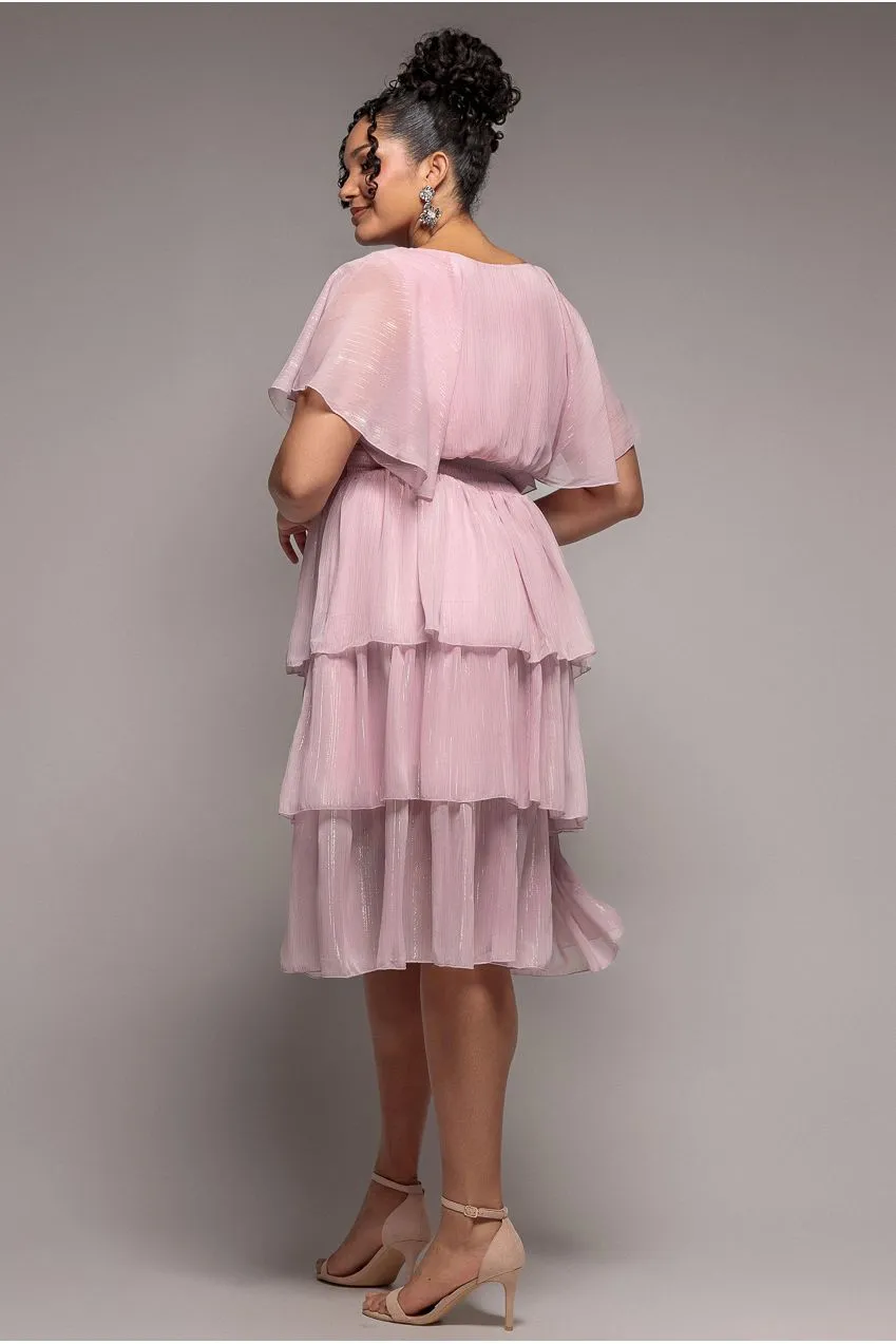 Goddiva Plus Lurex Chiffon Tiered abito midi rosa cipria