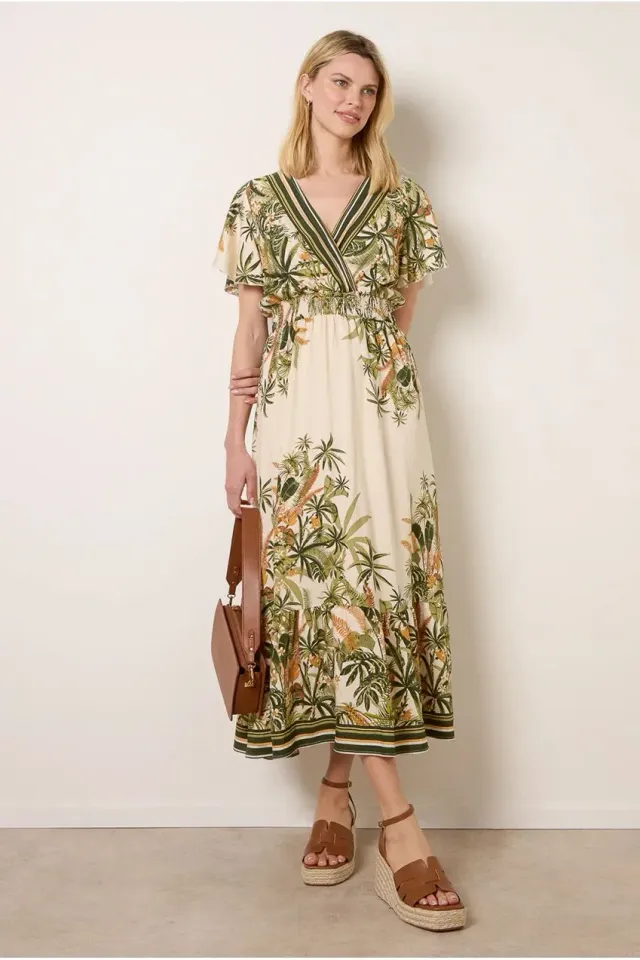 Blue Vanilla Tropical Print abito maxi verde kimono