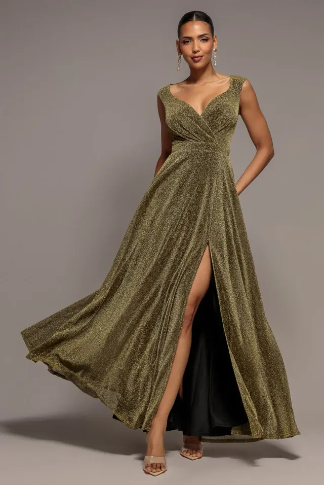 Goddiva abito maxi lurex glitter marrone spacco incrocio