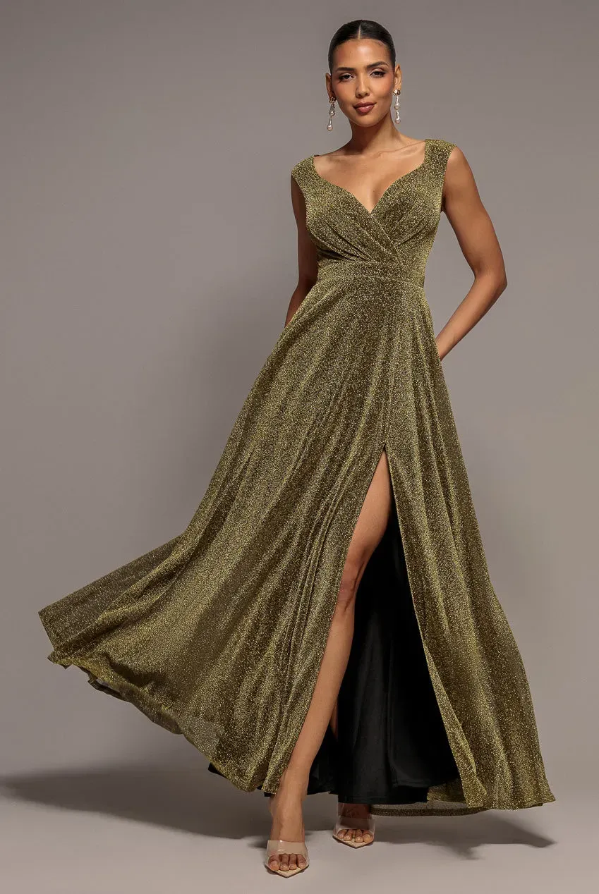 Goddiva abito maxi lurex glitter marrone spacco incrocio