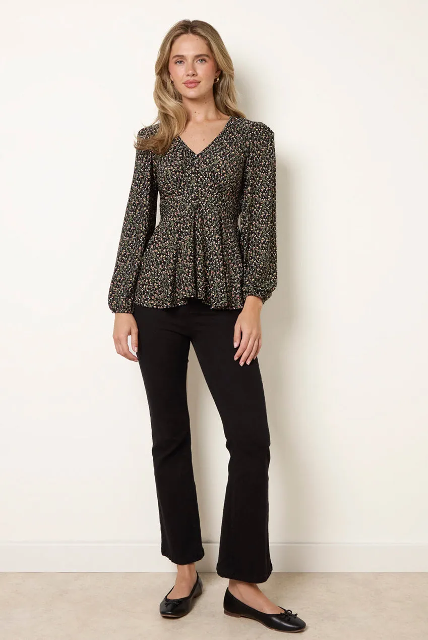 Blue Vanilla V Neck Button top peplo nero