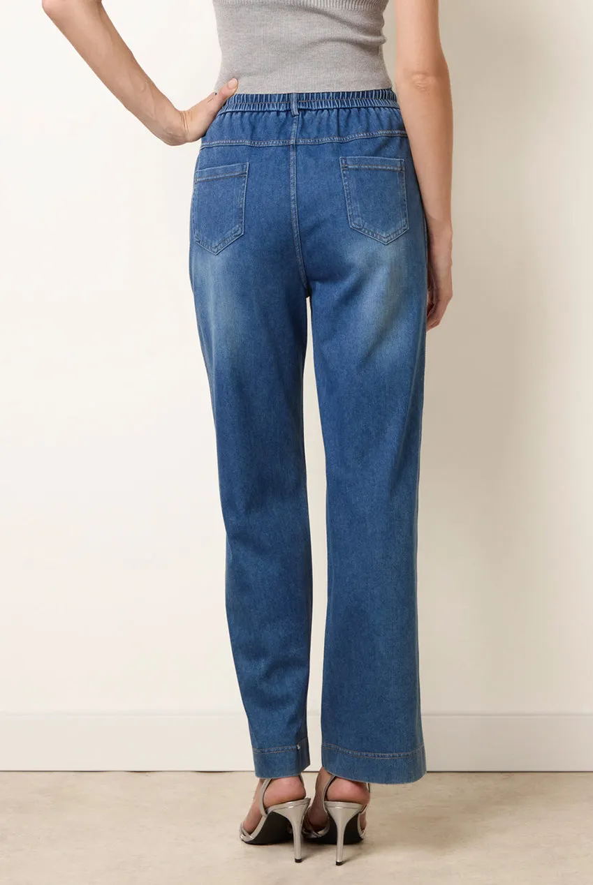 Blue Vanilla Jeans Wide Leg Blu Denim con Strass e Schizzi