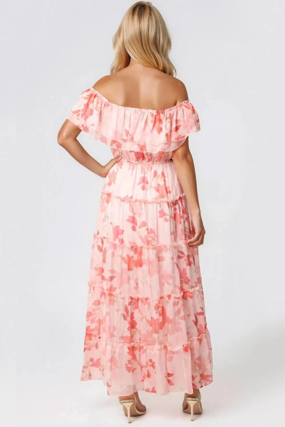 Aftershock Bardot abito maxi rosa floreale balze