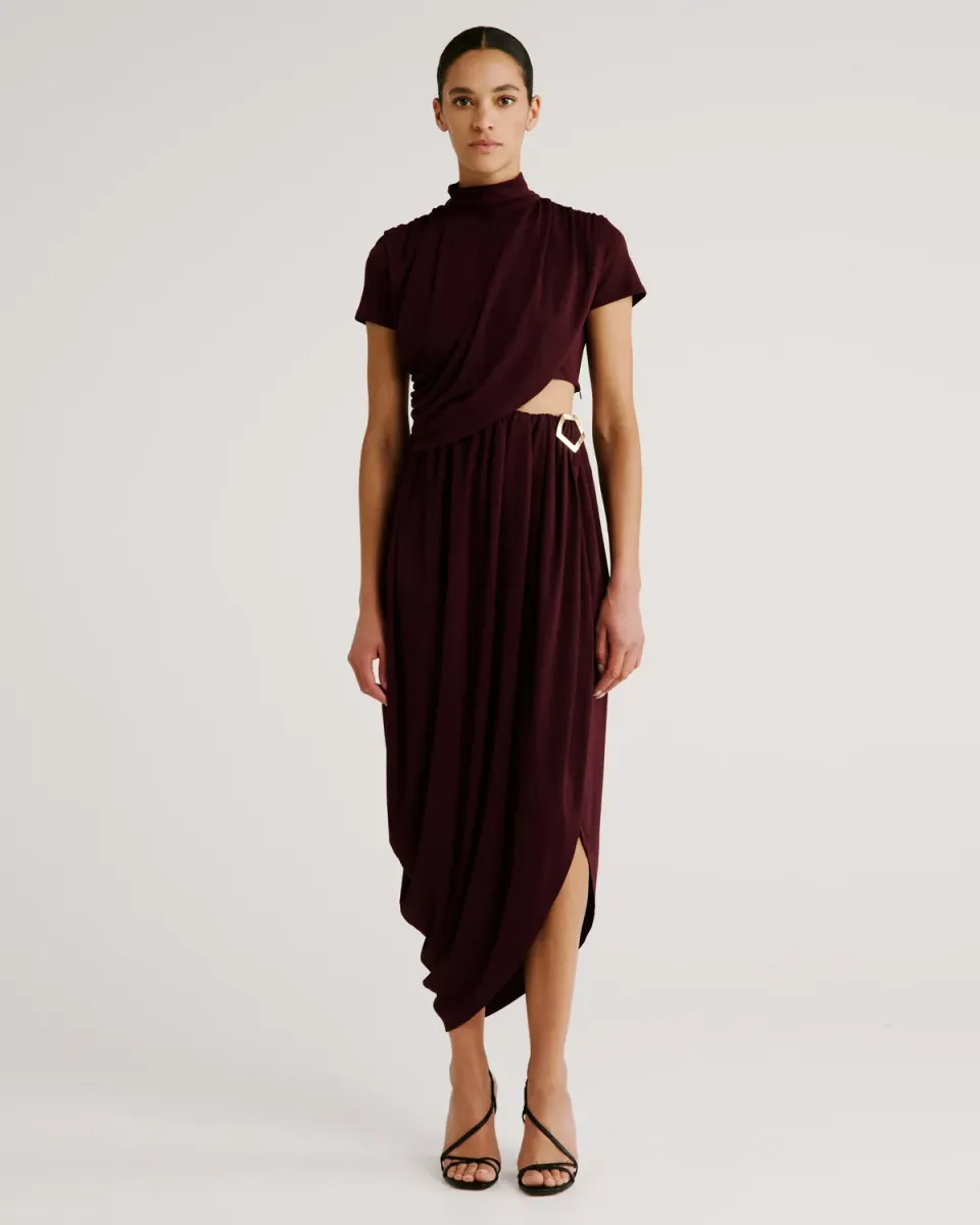 Violante Nessi Pagani abito bordeaux crepe jersey
