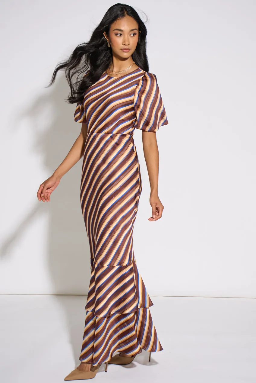 Gini London abito maxi marrone chiffon righe lurex
