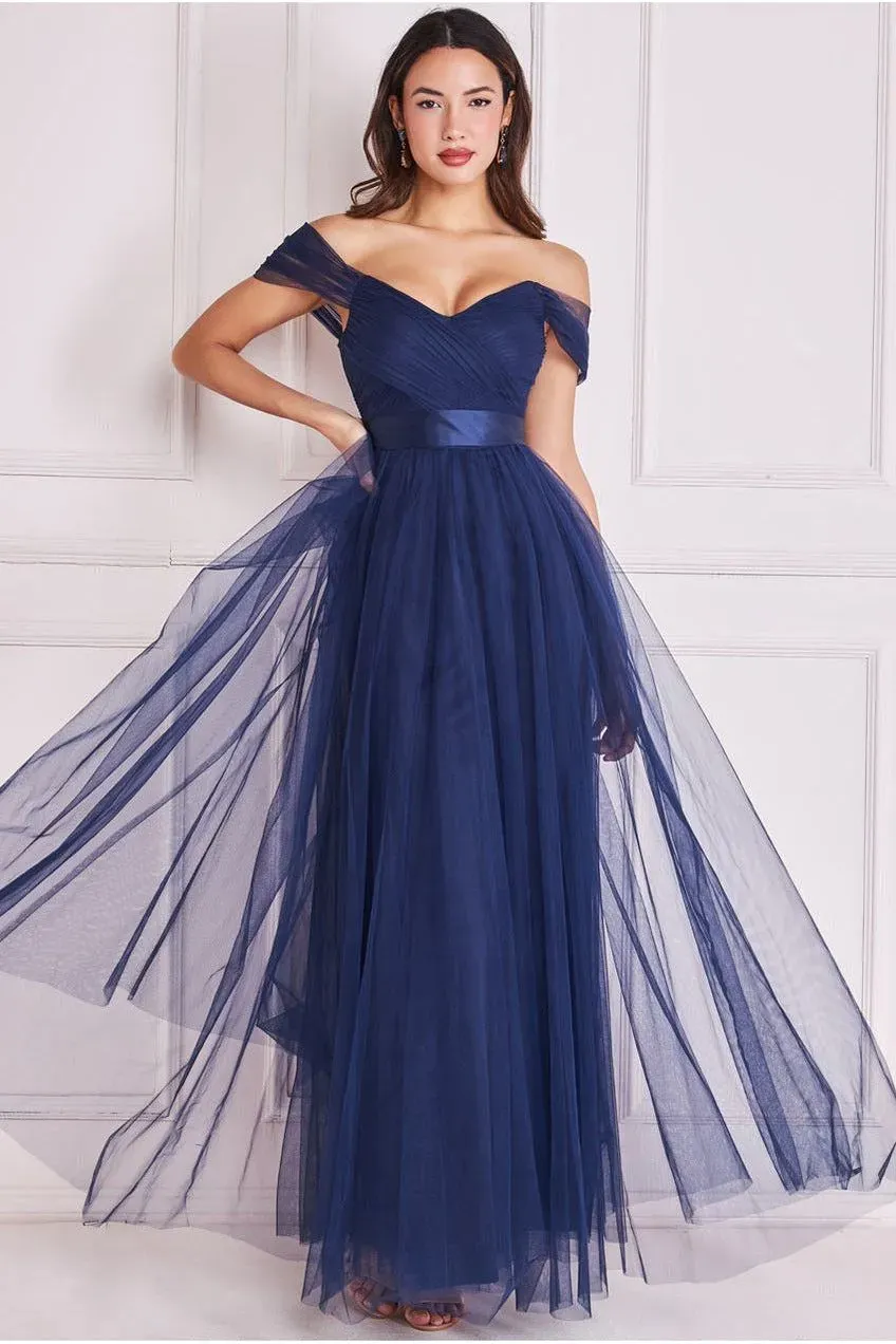 Goddiva Off Shoulder Princess maxi abito navy