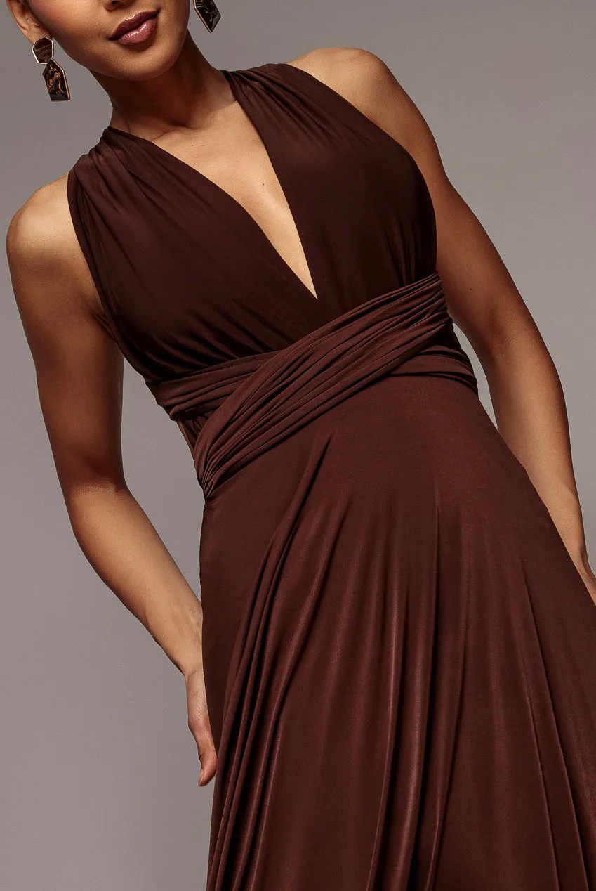 Goddiva Multiway abito maxi marrone allacciato