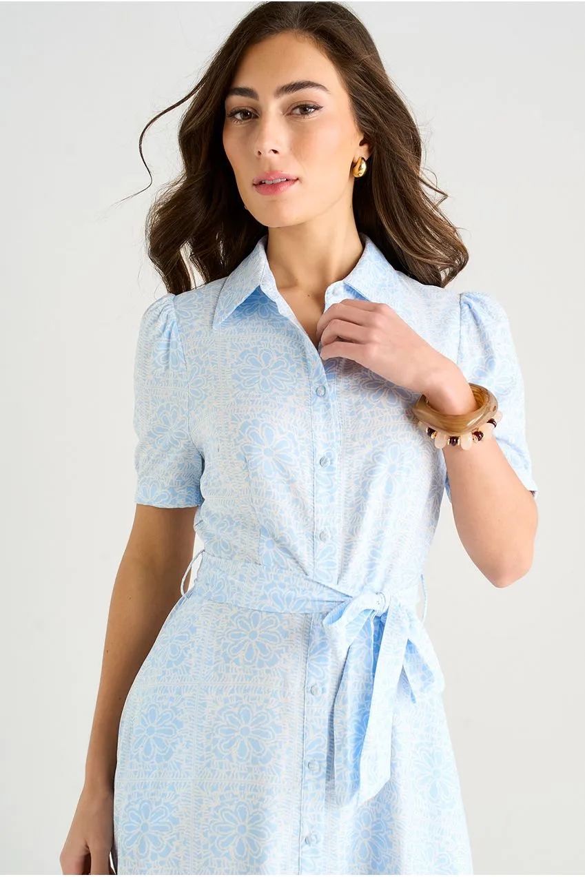 Gini London Blue Tile Print abito camicia lungo blu cotone