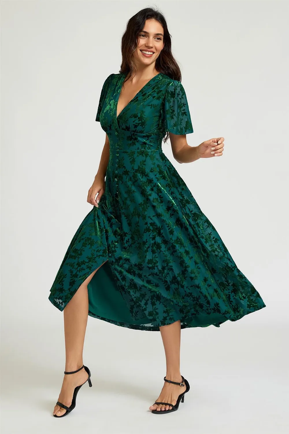 FS Collection abito midi velluto floreale verde scollo V