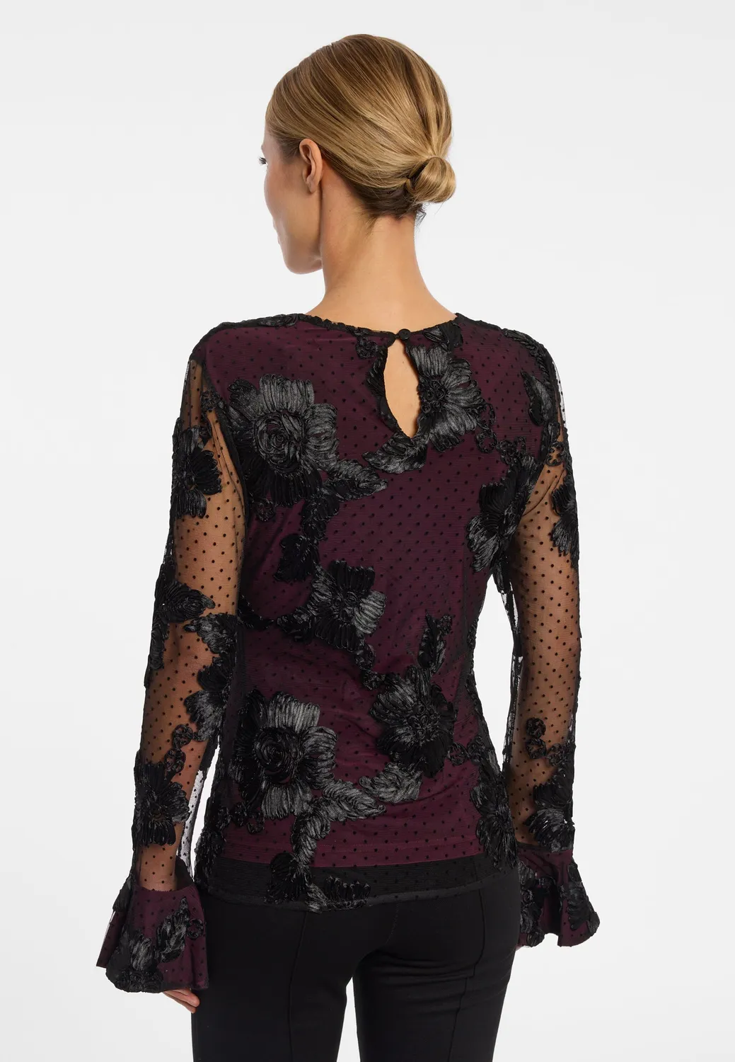 Ana Alcazar Elvira top bordeaux maniche volant fiori