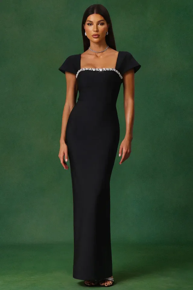 Bella Barnett Romelle abito maxi nero bandage strass