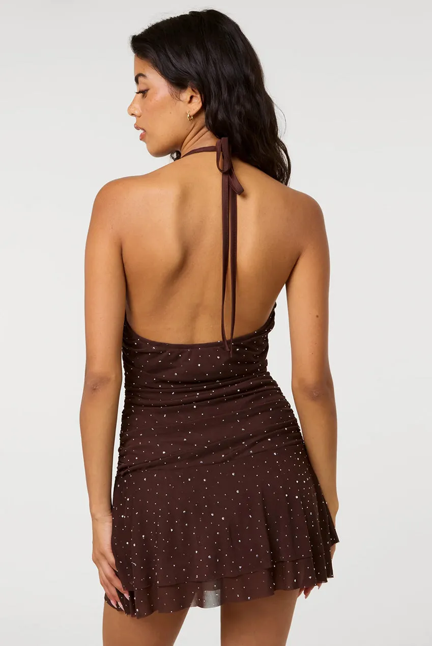 Pink Vanilla abito mini halter cioccolato asimmetrico strass