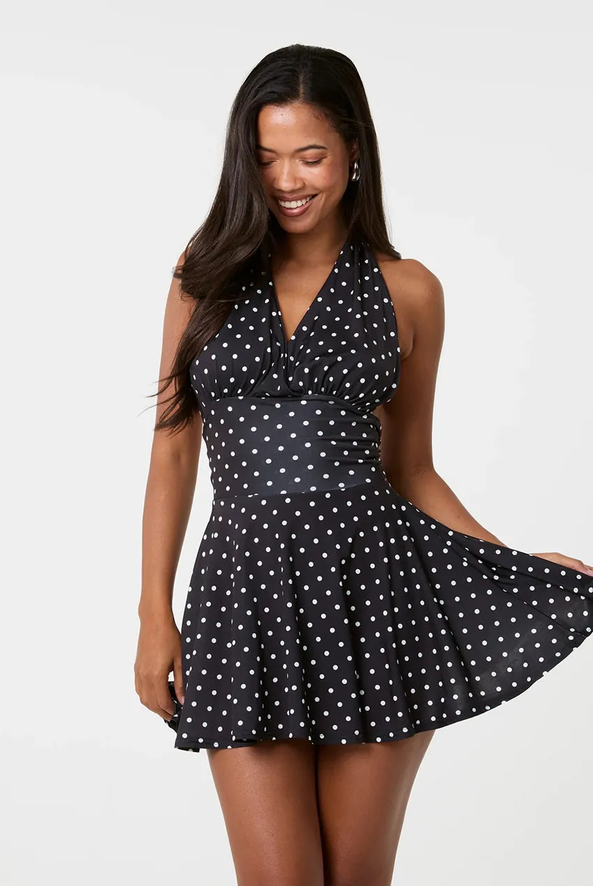Pink Vanilla Slinky Halter Neck abito mini nero pois