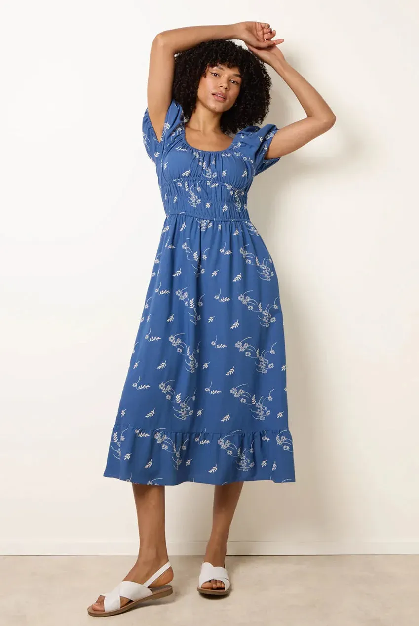Blue Vanilla Milkmaid abito midi denim blu ricamato