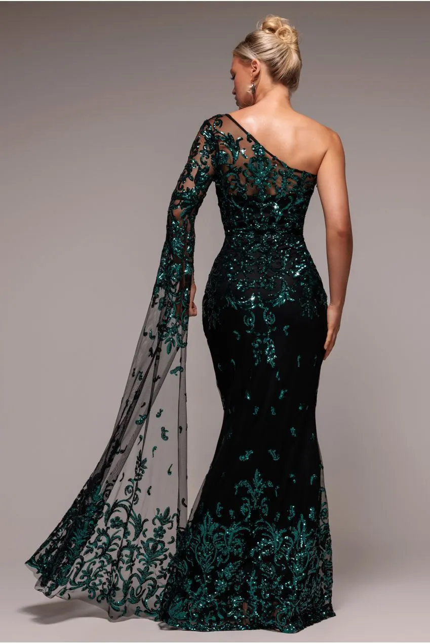 Goddiva abito monospalla paillettes verde smeraldo lungo