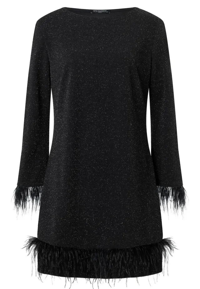 Ana Alcazar Tara abito cocktail nero lurex piume