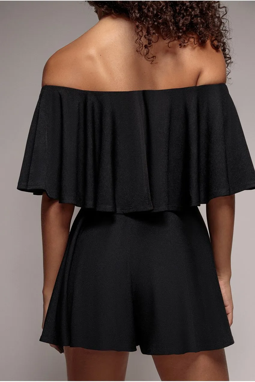 Goddiva Frill Neck tuta corta nera spalle scoperte