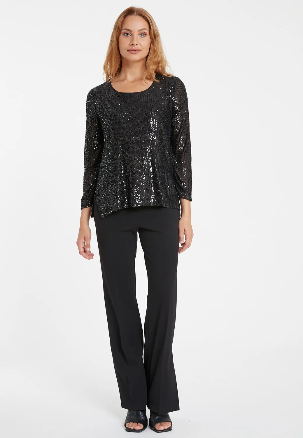 Ana Alcazar Saloa top nero paillettes maniche 7/8
