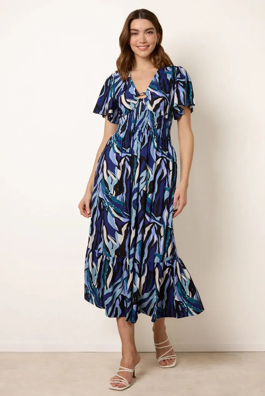 Blue Vanilla Abito Midi Blu Navy Fantasia Scollo V Anello