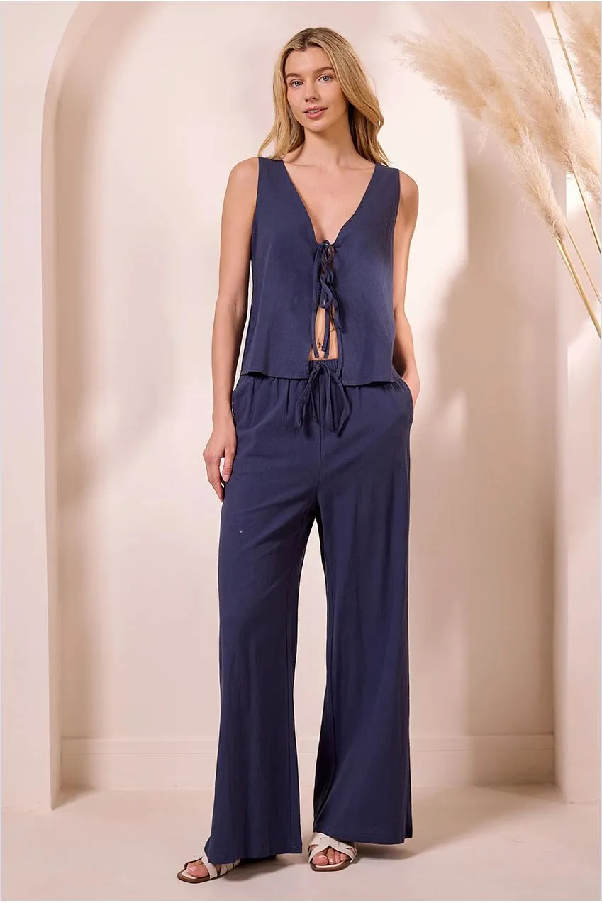 Angeleye Tie-up completo navy top e pantaloni palazzo