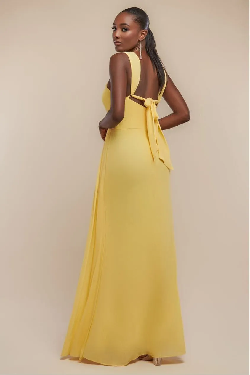 Goddiva Halterneck Thigh Split abito maxi chiffon limone