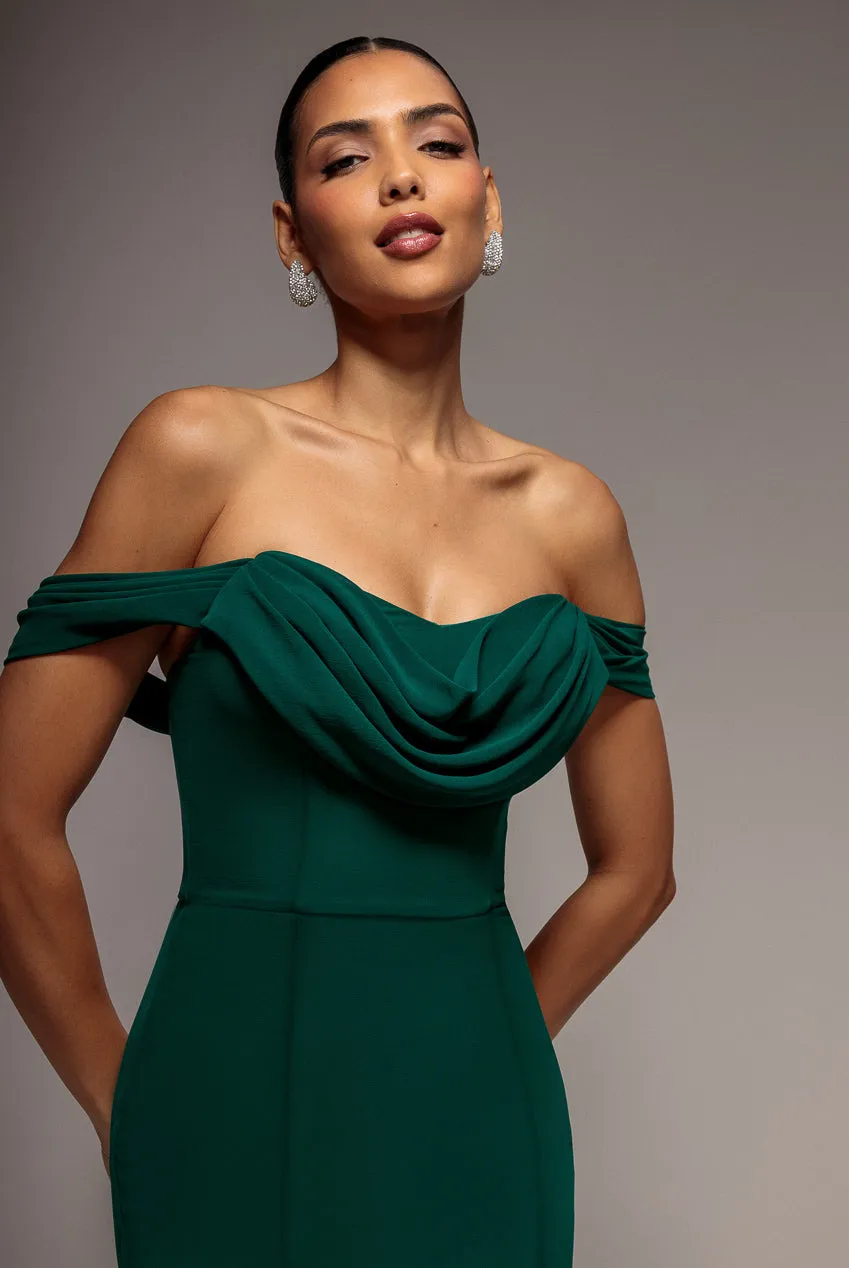 Goddiva Bardot Cowl Neck abito maxi verde chiffon