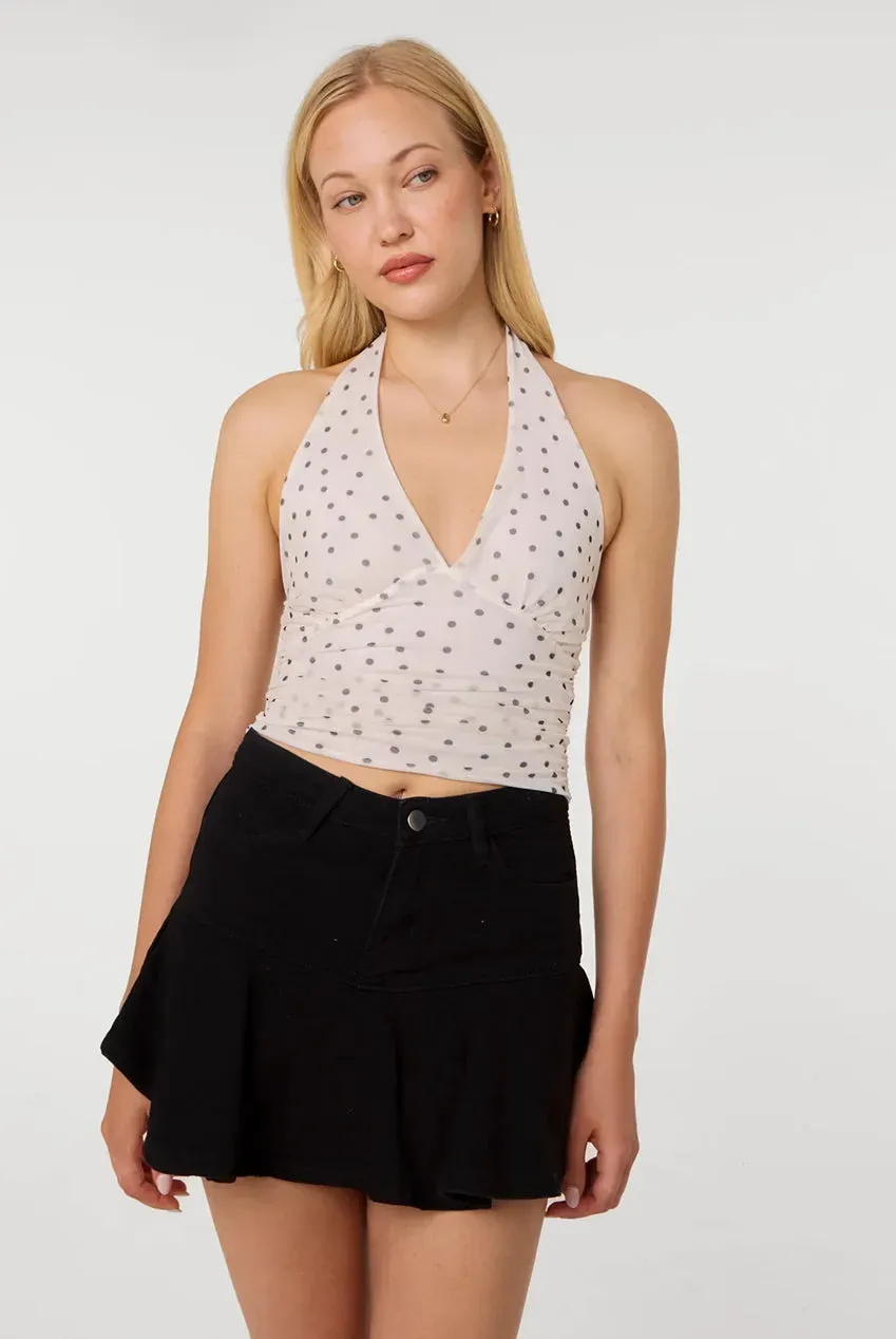 Pink Vanilla Polka Dot Ruched Side Halter Top avorio pois