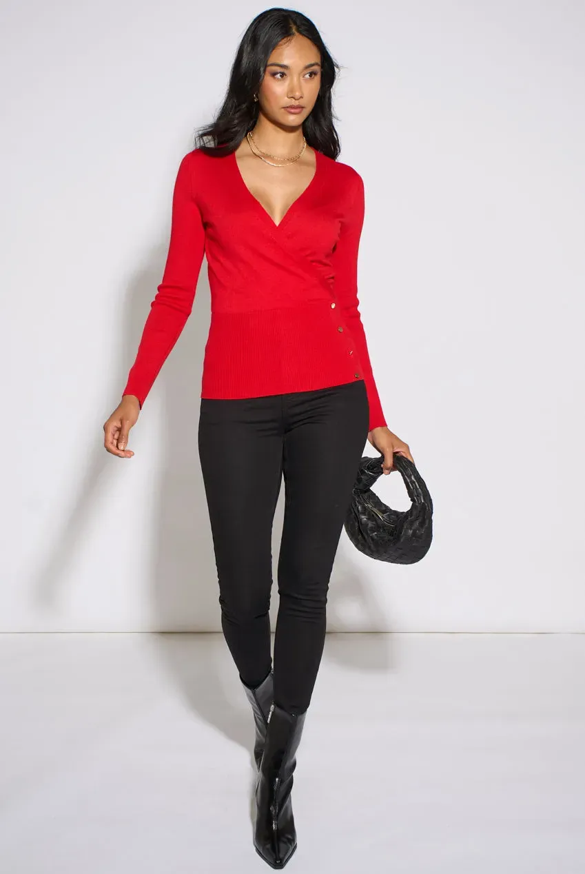 Gini London top rosso incrociato manica lunga bottoni oro