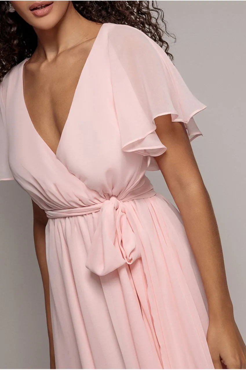 Goddiva Flutter Sleeve Wrap mini abito rosa chiffon
