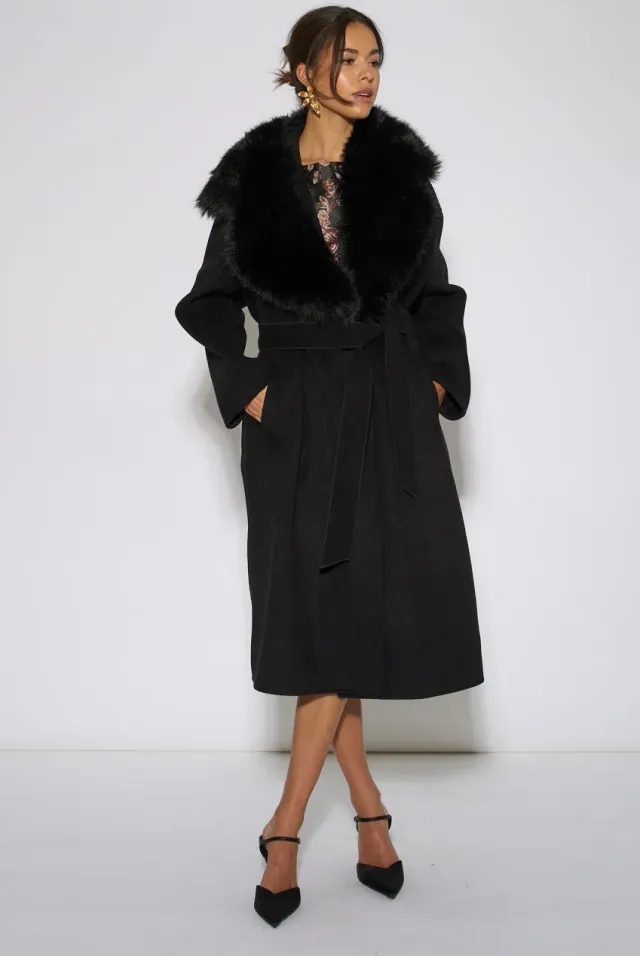 Gini London Faux Fur cappotto nero lungo collo