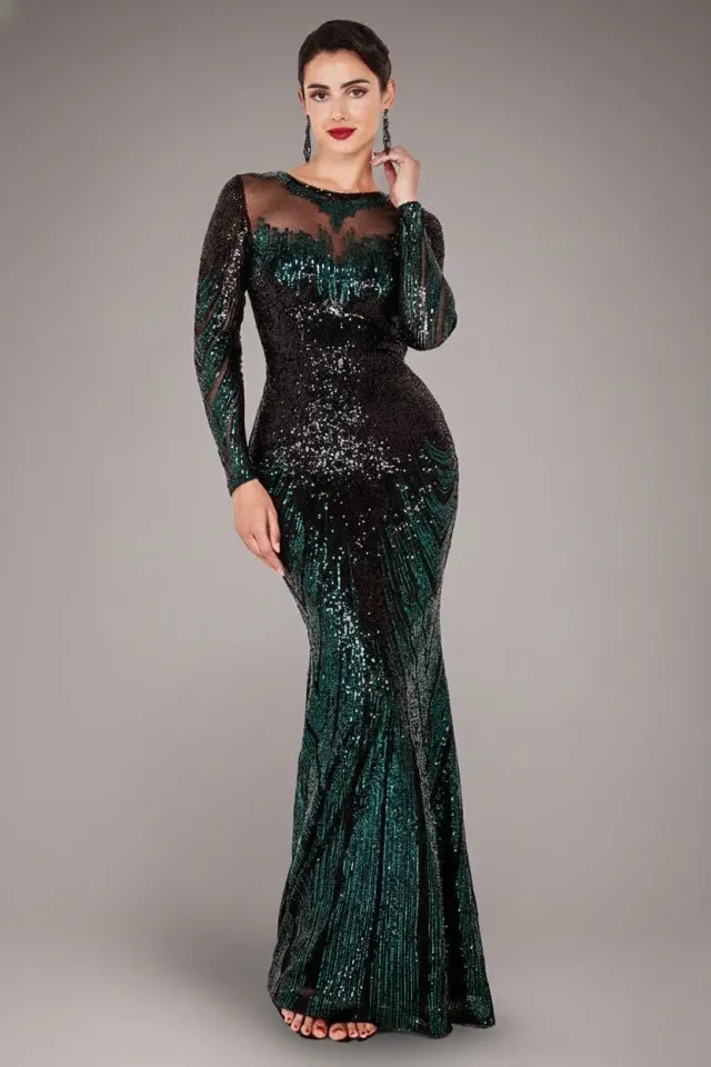 Goddiva Aztec abito lungo paillettes verde smeraldo