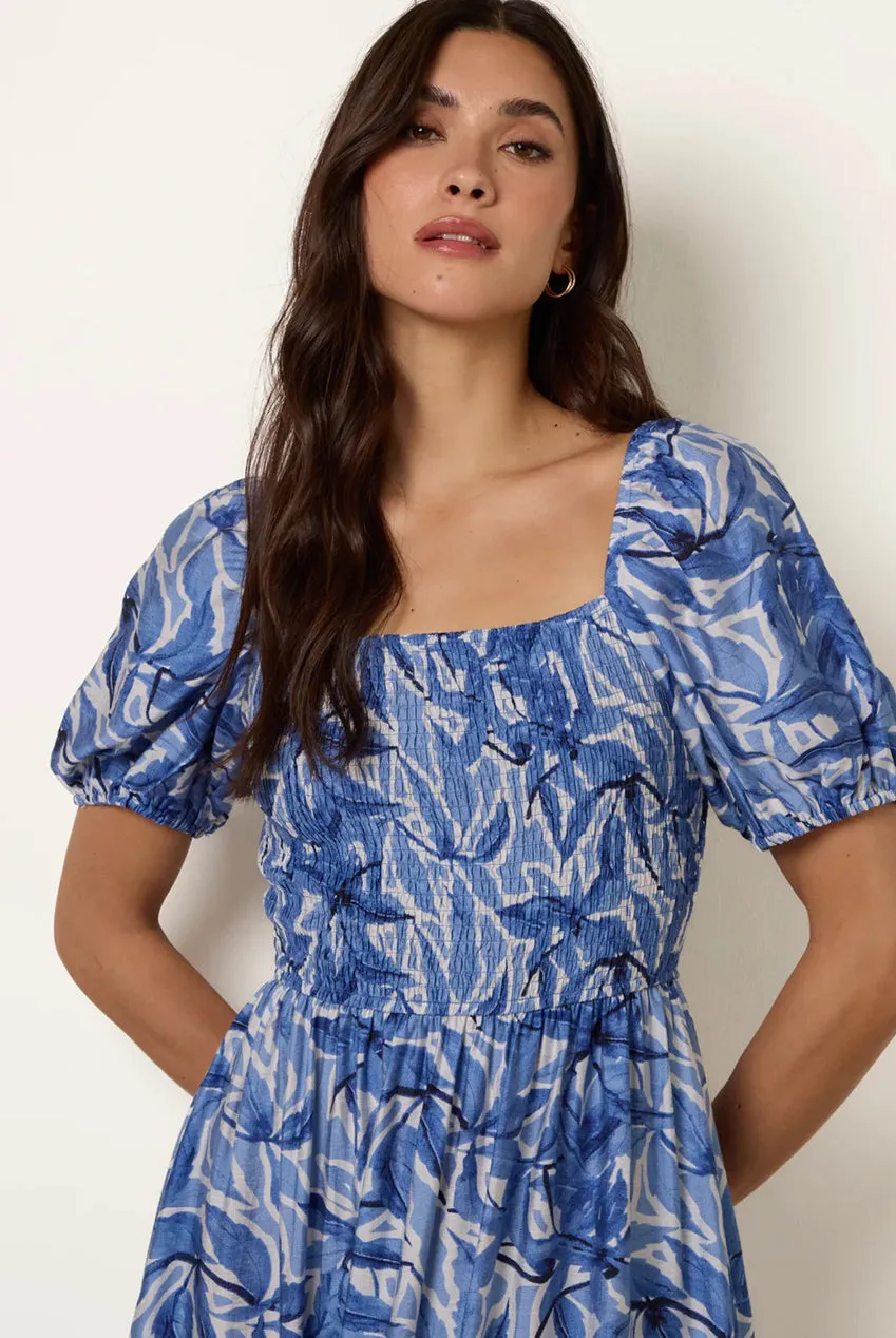 Blue Vanilla Floral abito midi blu scollo quadrato