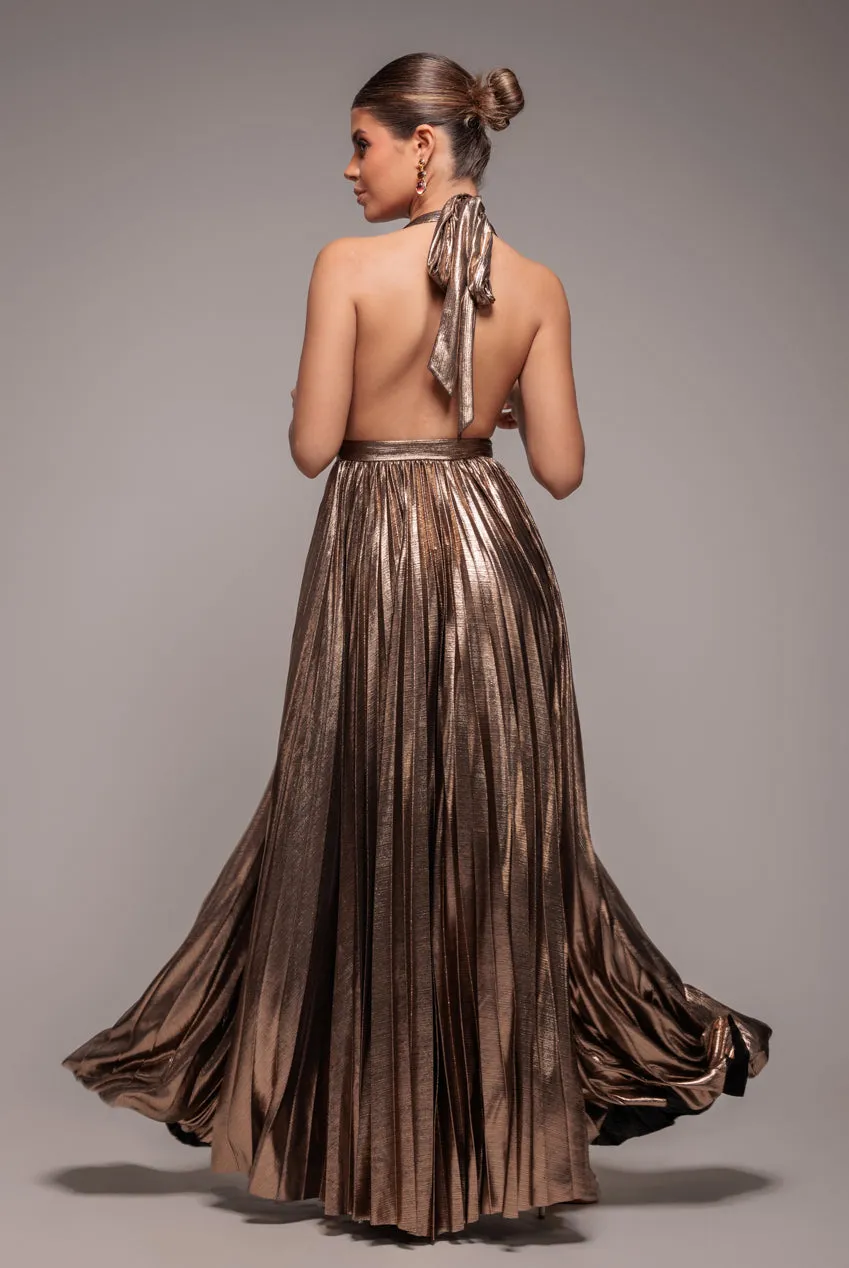 Goddiva Sunrise Foil abito maxi oro scollo halter