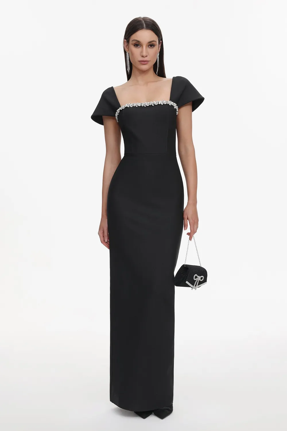 Bella Barnett Romelle abito maxi nero bandage strass