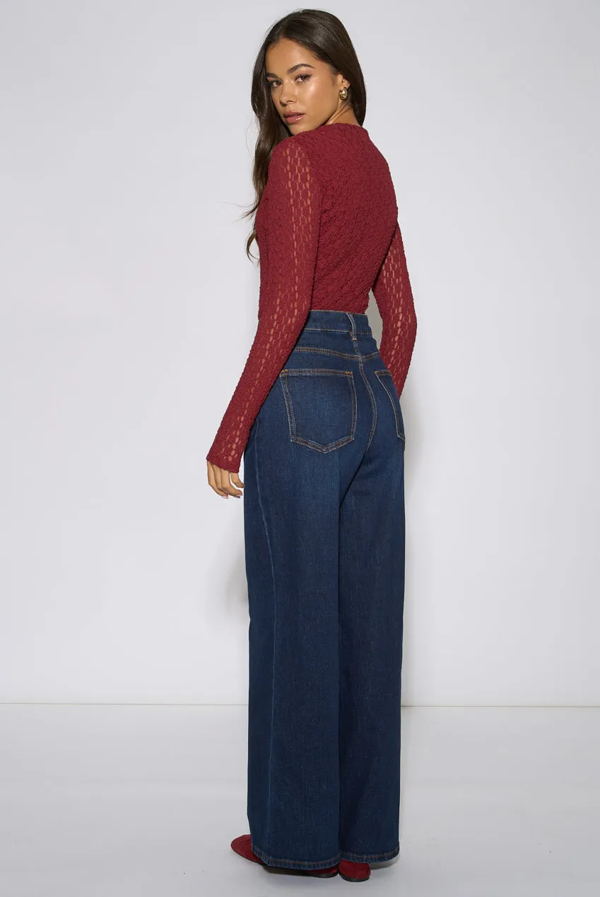 Gini London top jersey bordeaux collo alto maniche pizzo