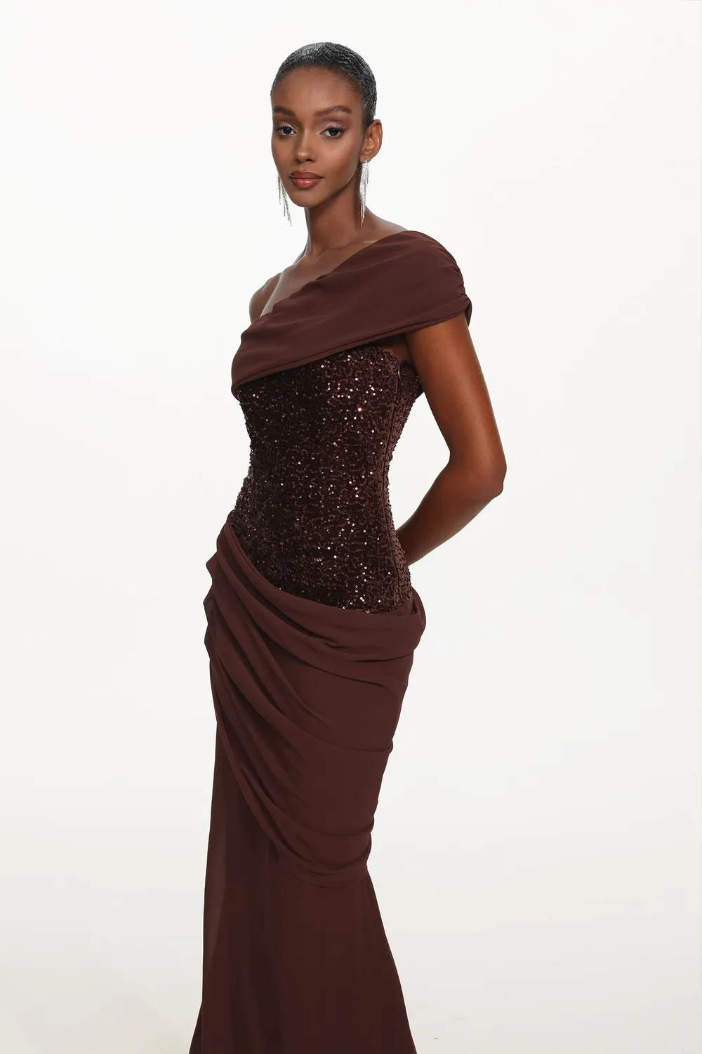 Bella Barnett Naleza abito maxi marrone paillettes