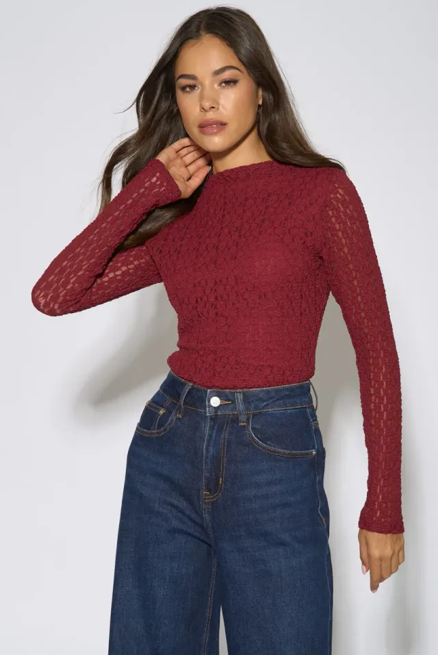 Gini London top jersey bordeaux collo alto maniche pizzo