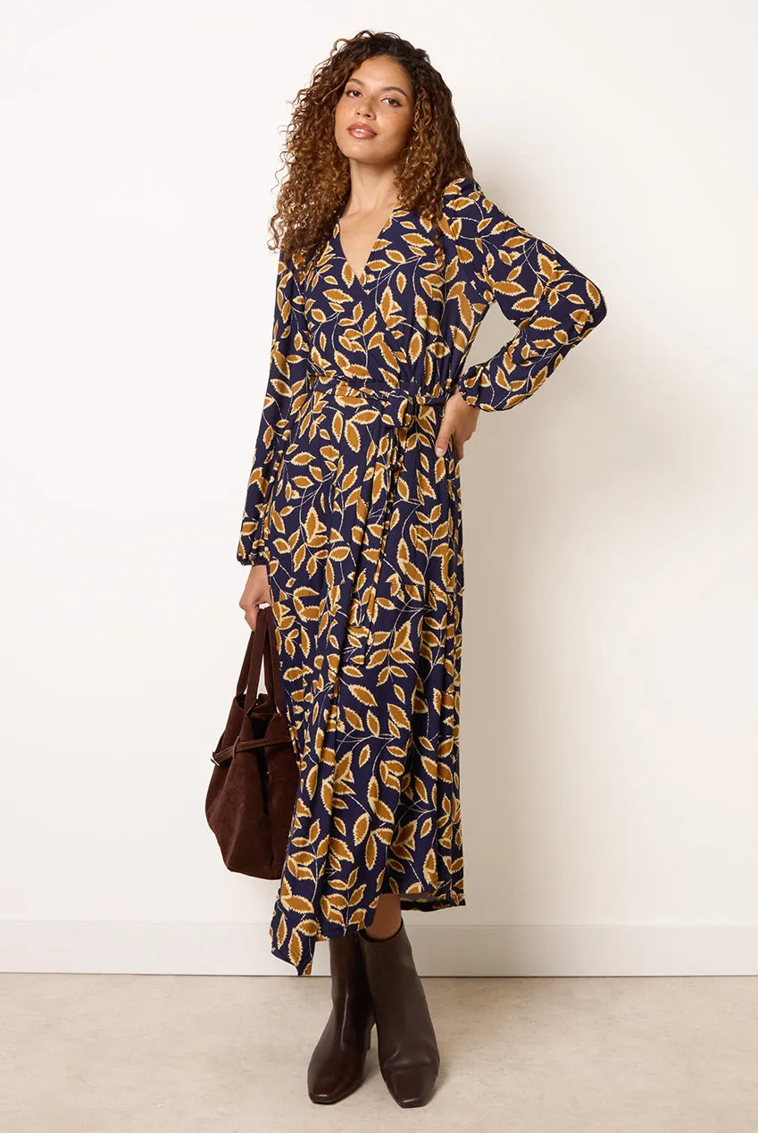 Blue Vanilla Asymmetric Wrap Abito Midi Navy Manica Lunga