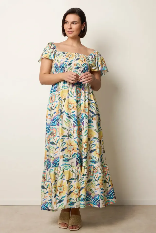 Blue Vanilla Tropical abito giallo floreale smock