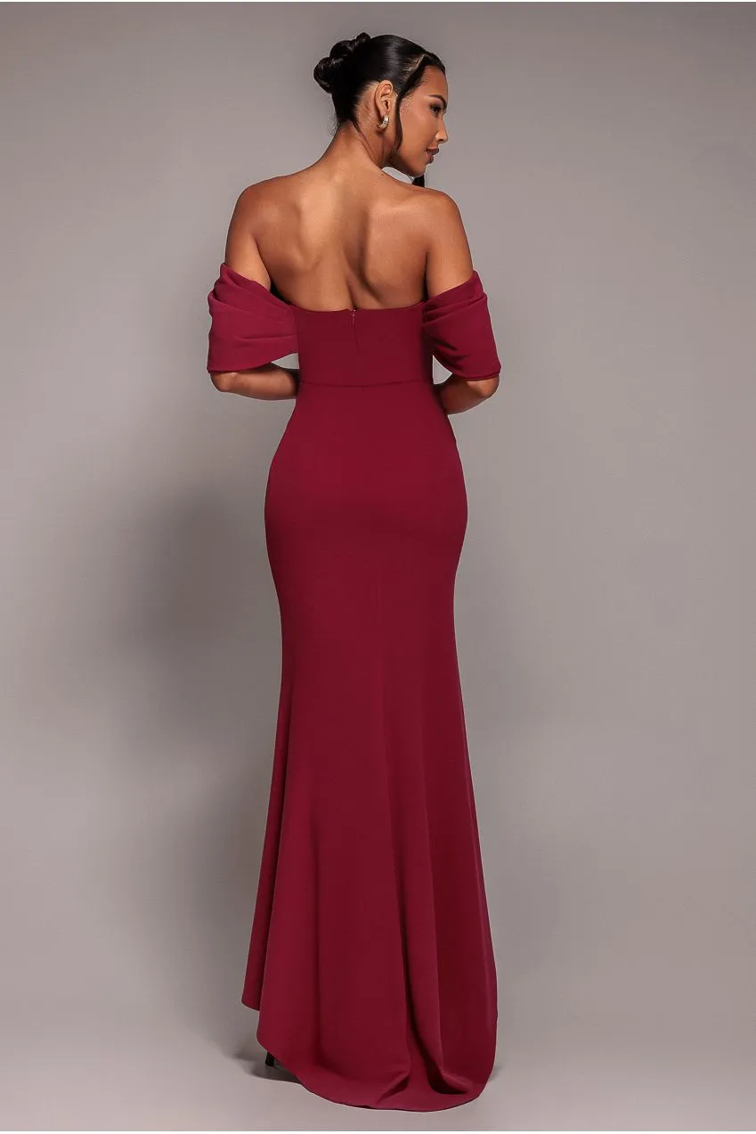 Goddiva Abito Lungo Bordeaux Spalle Scoperte