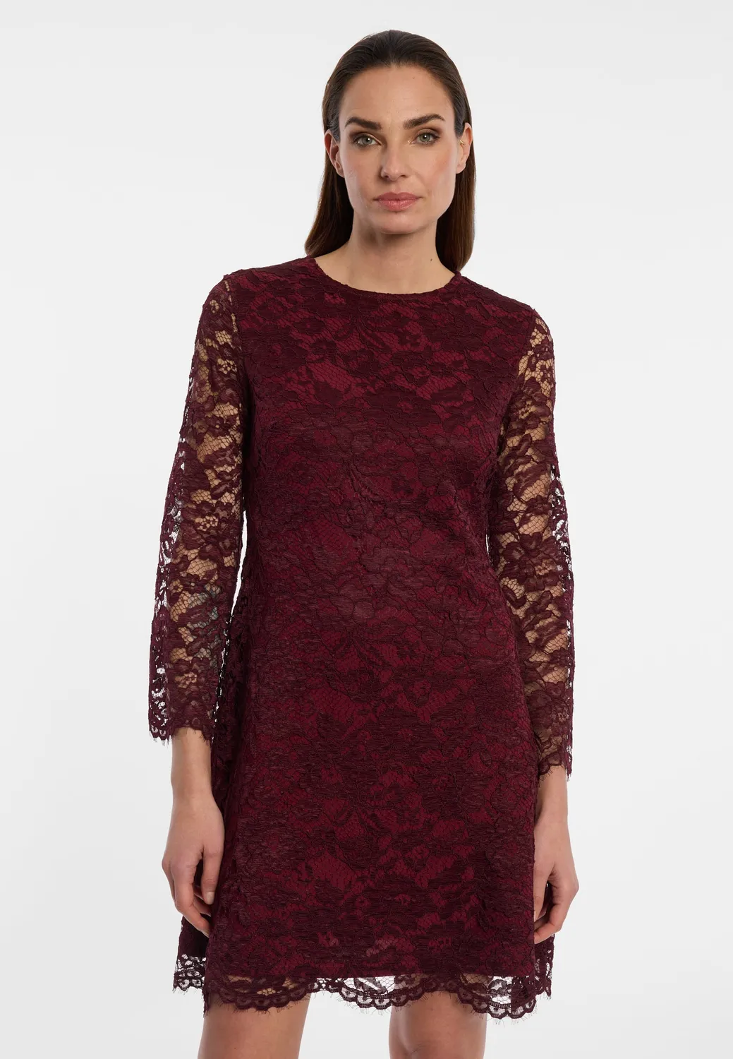Ana Alcazar Enolory abito pizzo bordeaux maniche lunghe