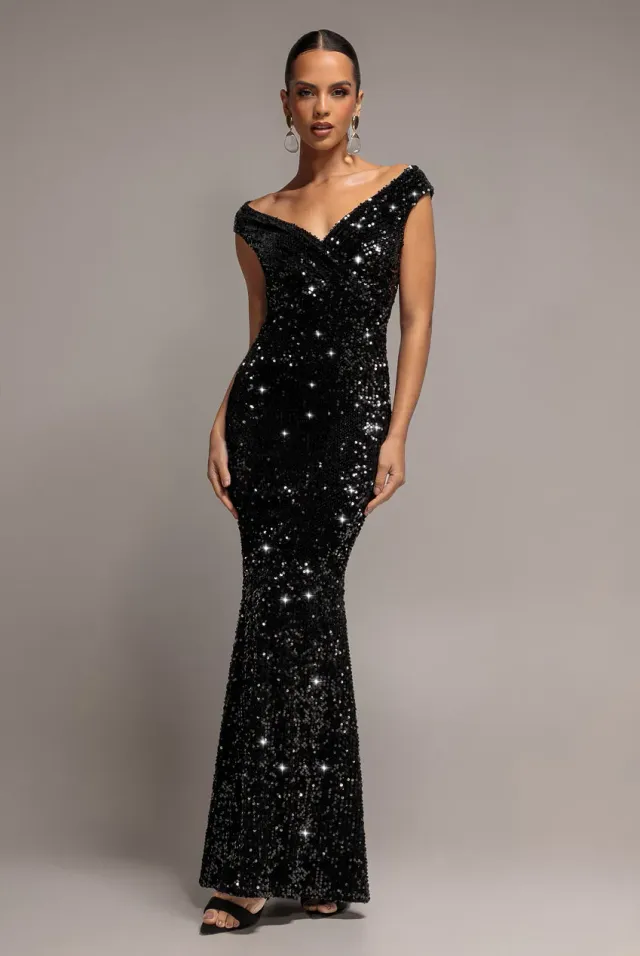 Goddiva DR3512 abito maxi nero 12 paillettes velluto