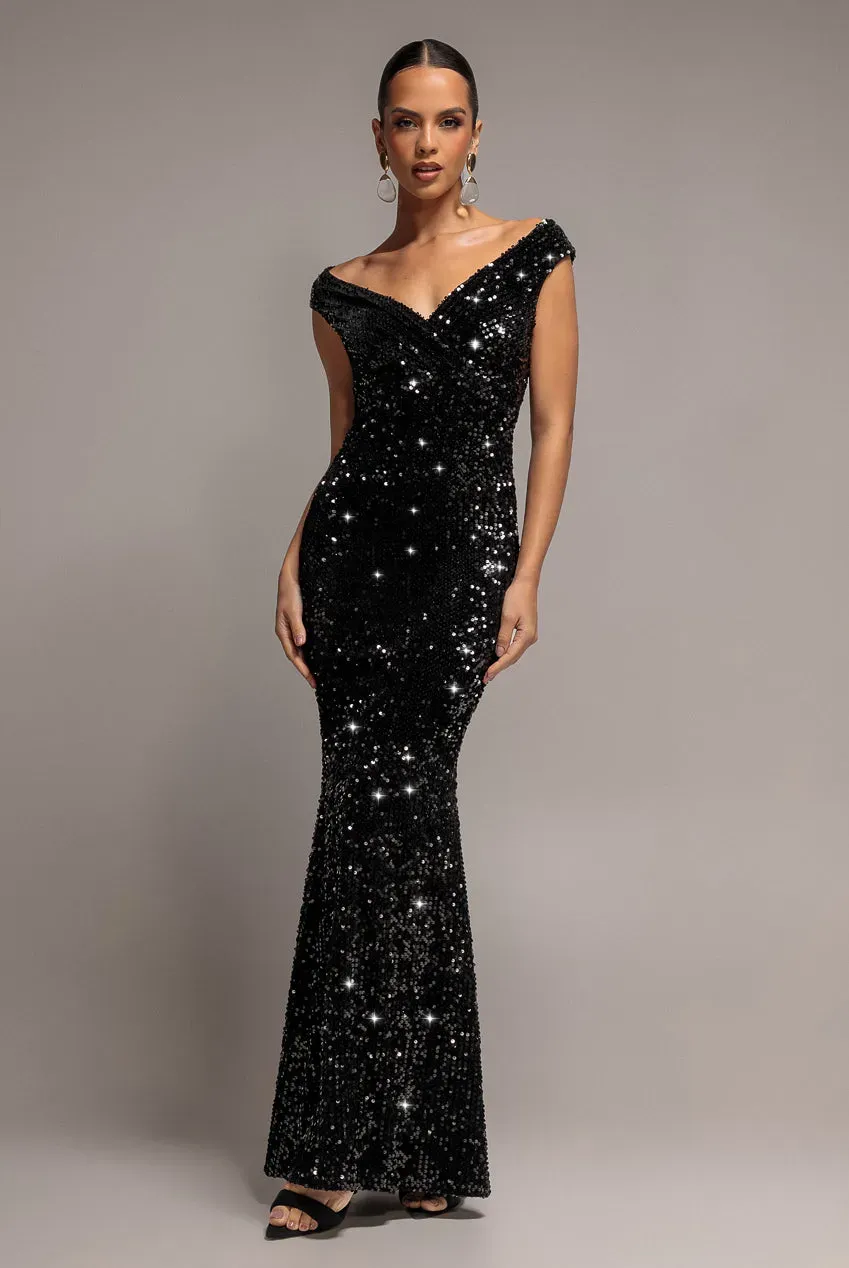 Goddiva DR3512 abito maxi nero 12 paillettes velluto