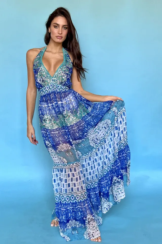 Antica Sartoria DV100C abito lungo schiena scoperta blu