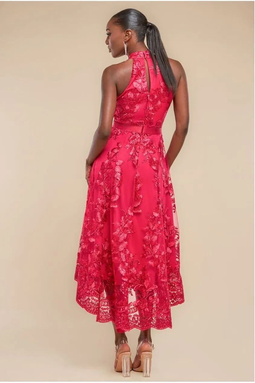 Goddiva Halter Neck Lace abito pizzo magenta asimmetrico