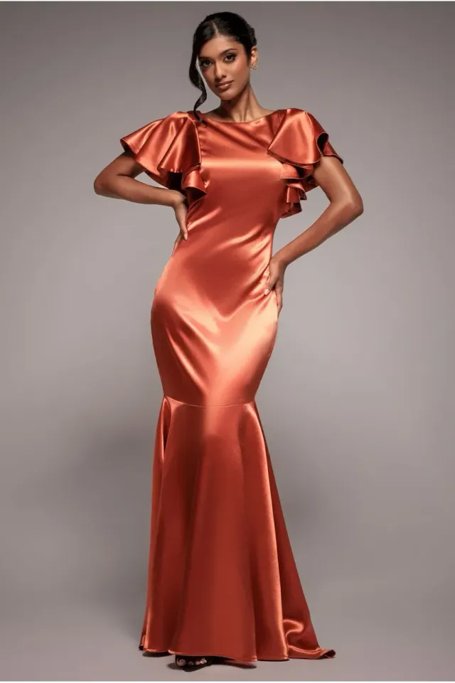 Goddiva Mermaid abito raso arancio bruciato maniche svolazzanti