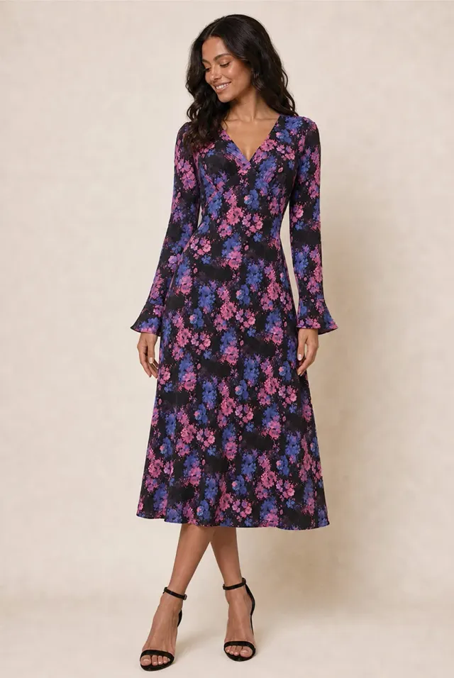 Chi Chi London V Neck abito midi nero floreale maniche lunghe satin