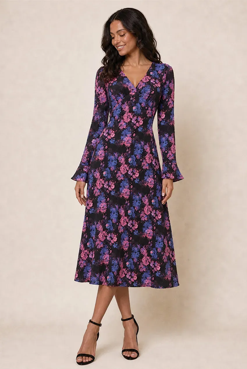Chi Chi London V Neck abito midi nero floreale maniche lunghe satin