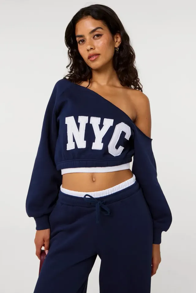 Pink Vanilla Off The Shoulder felpa blu navy cotone